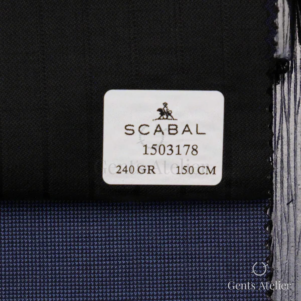 Образец ткани Scabal 1503178 с этикеткой, чёрно-синий, антрацитовый