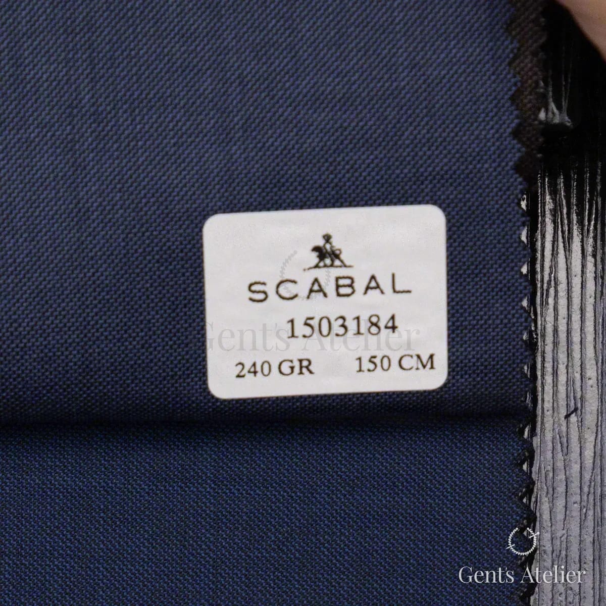 Образец ткани Scabal 1503184 с этикеткой, тёмно-синий