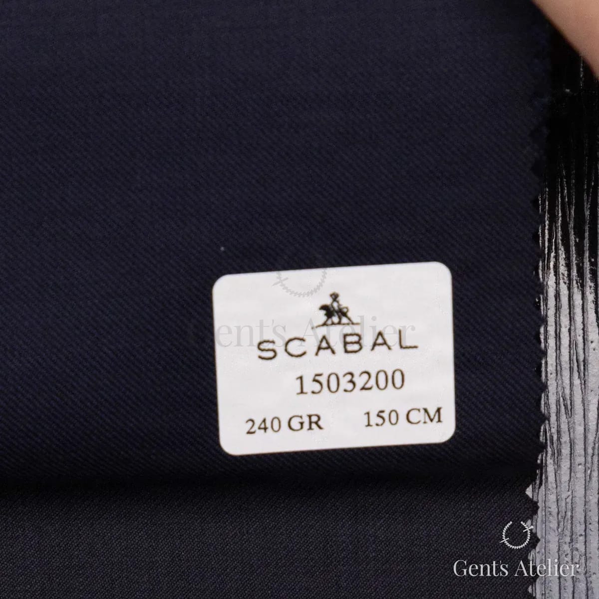 Образец ткани Scabal 1503200 с этикеткой, тёмно-синий почти чёрный