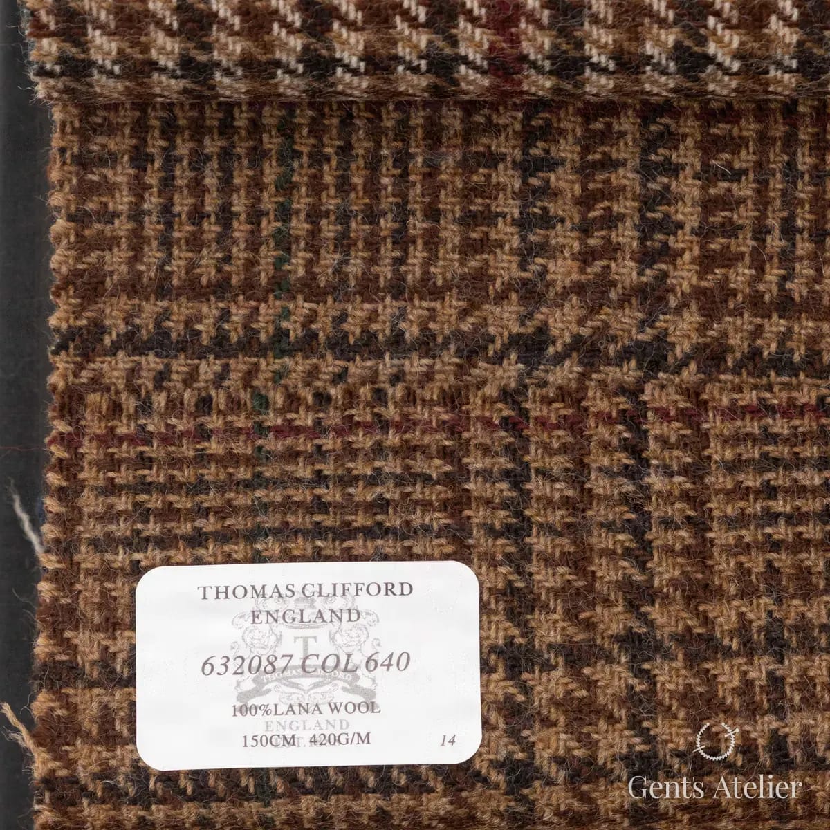 Образец ткани Thomas Clifford 632087 COL 640 с этикеткой, коричневый
