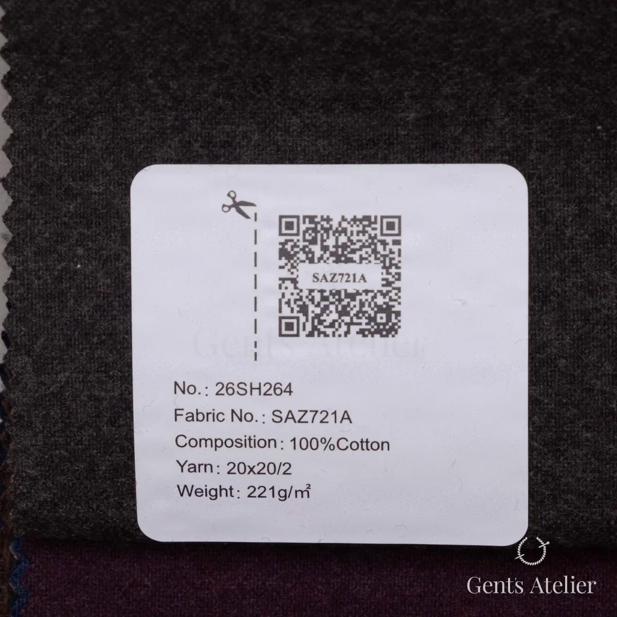 Образец ткани European Business Collection SAZ721A с этикеткой, тёмный серо-коричневый меланж