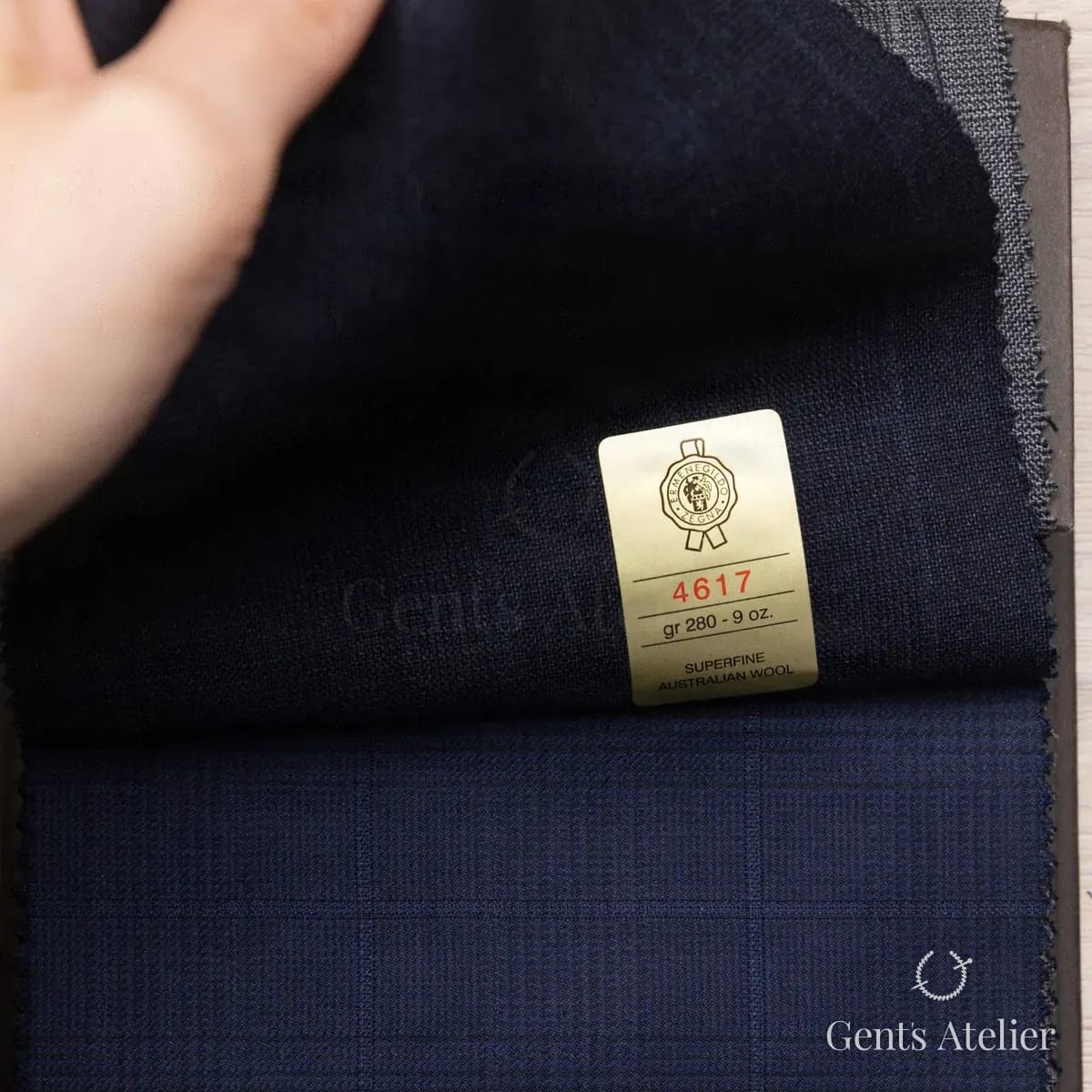 Образец ткани Ermenegildo Zegna 4617 с этикеткой, тёмно-синий