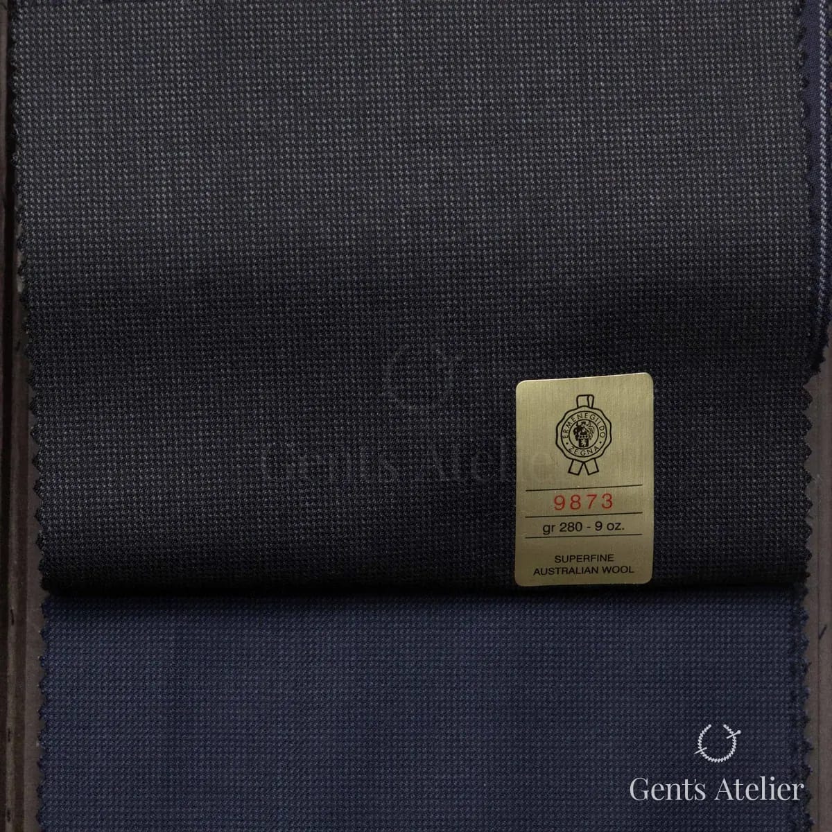 Образец ткани Ermenegildo Zegna 9873 с этикеткой, тёмно-синий