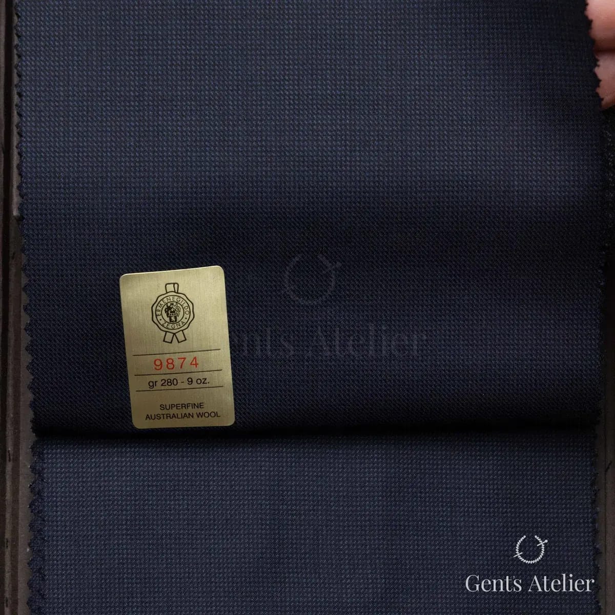 Образец ткани Ermenegildo Zegna 9874 с этикеткой, тёмно-синий