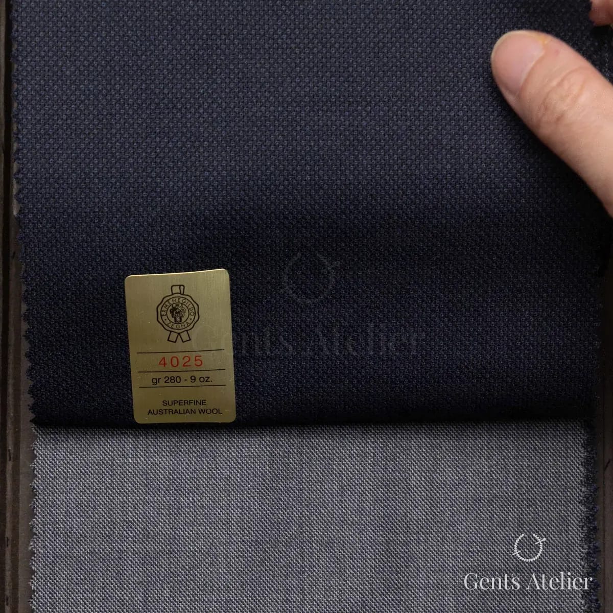 Образец ткани Ermenegildo Zegna 4025 с этикеткой, тёмно-синий