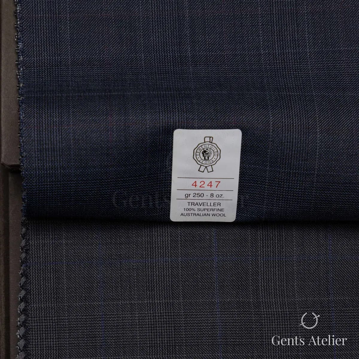 Образец ткани Ermenegildo Zegna 4247 с этикеткой, тёмно-синий