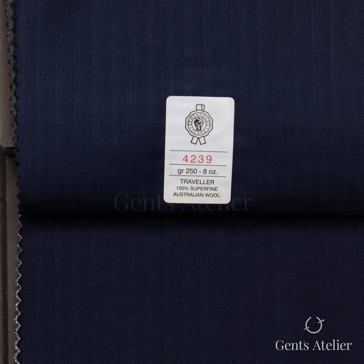 Образец ткани Ermenegildo Zegna 4239 с этикеткой, тёмно-синий
