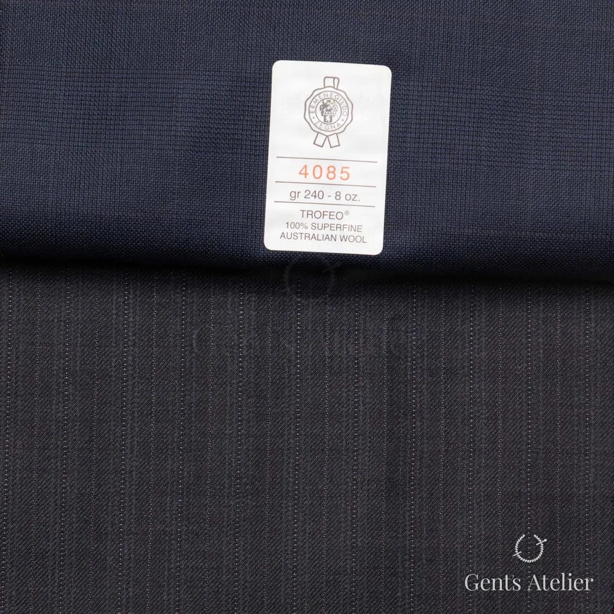 Образец ткани Ermenegildo Zegna 4085 с этикеткой, тёмно-синий