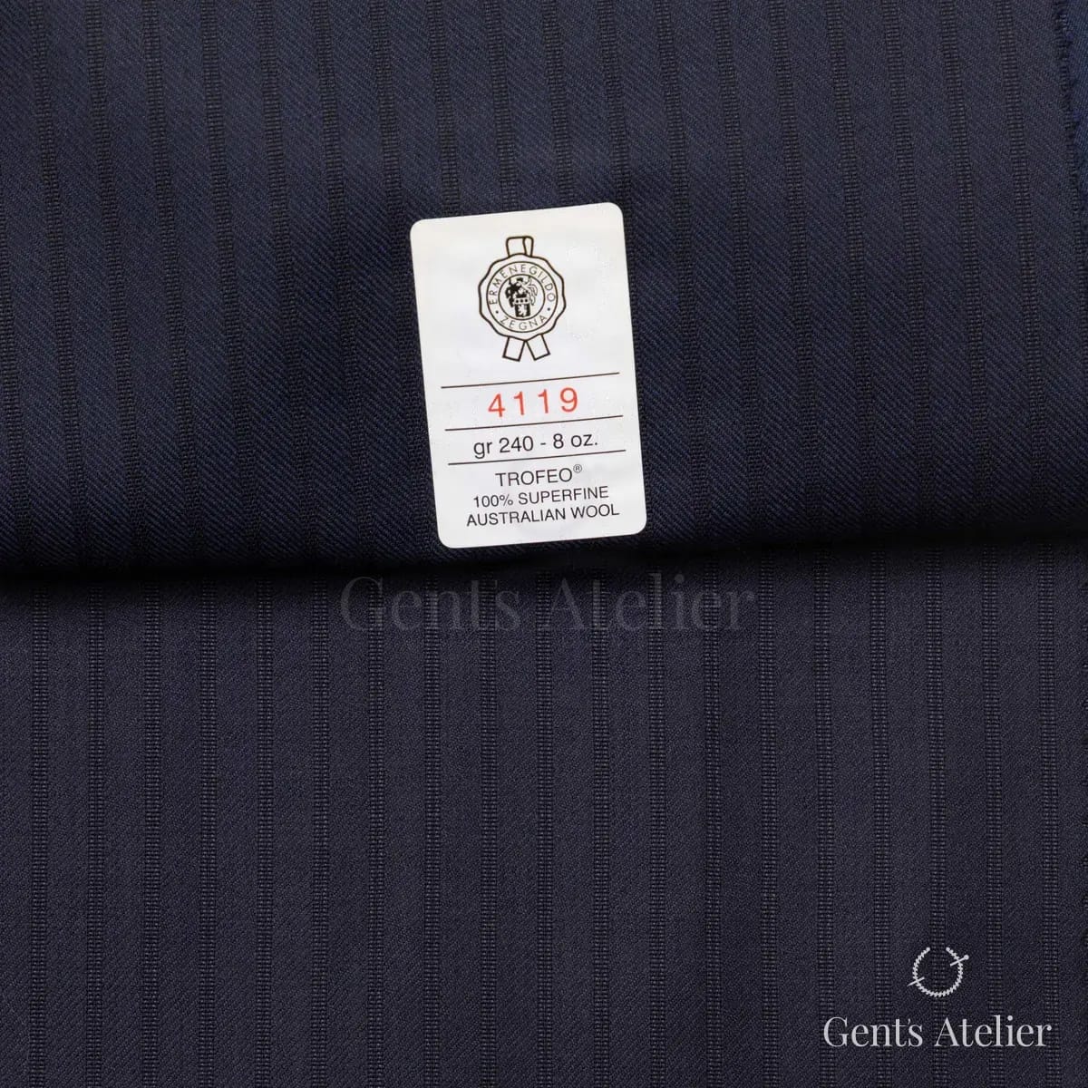 Образец ткани Ermenegildo Zegna 4119 с этикеткой, тёмно-синий