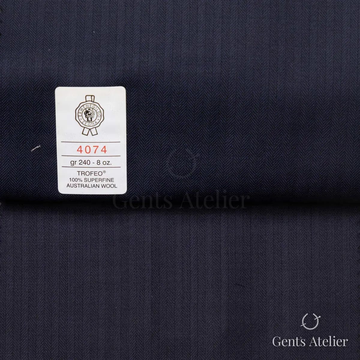 Образец ткани Ermenegildo Zegna 4074 с этикеткой, тёмно-синий