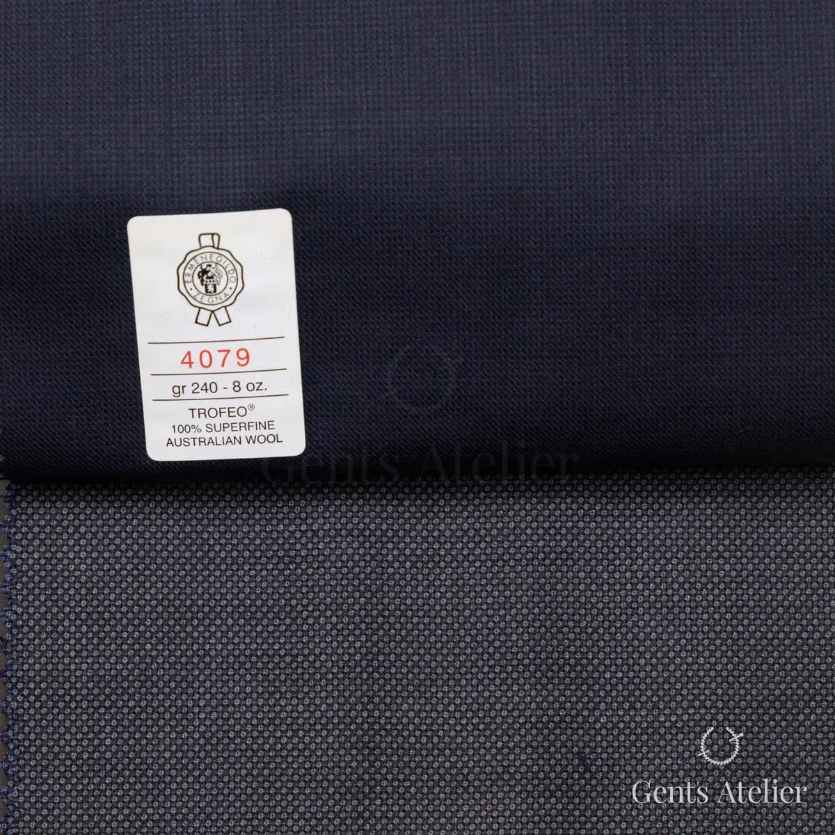 Образец ткани Ermenegildo Zegna 4079 с этикеткой, тёмно-синий