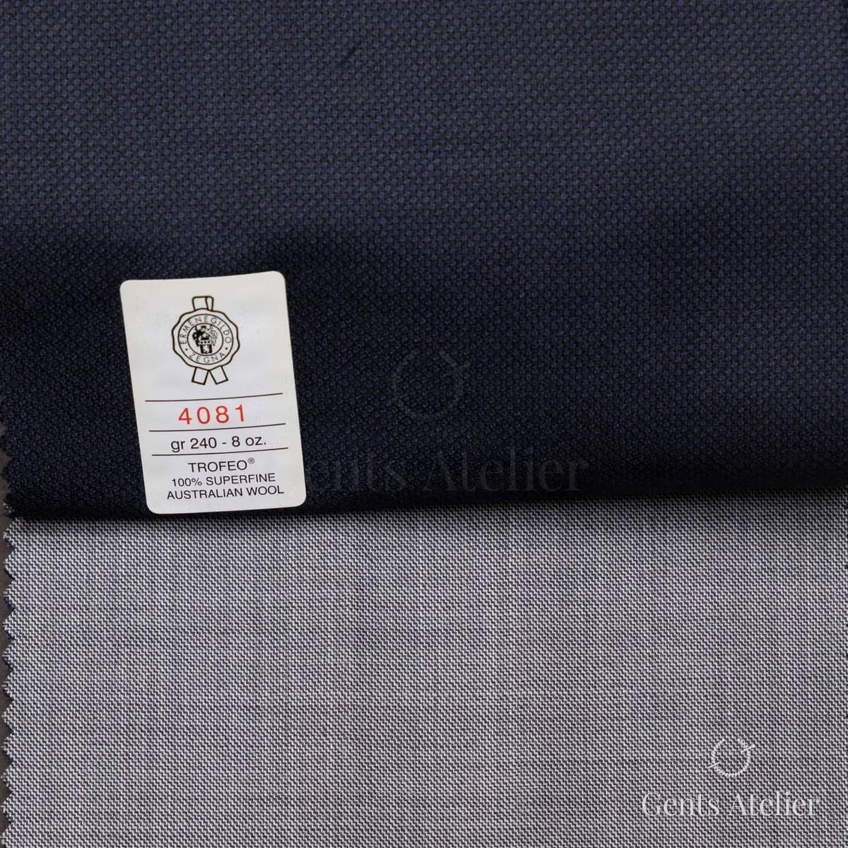 Образец ткани Ermenegildo Zegna 4081 с этикеткой, тёмно-синий