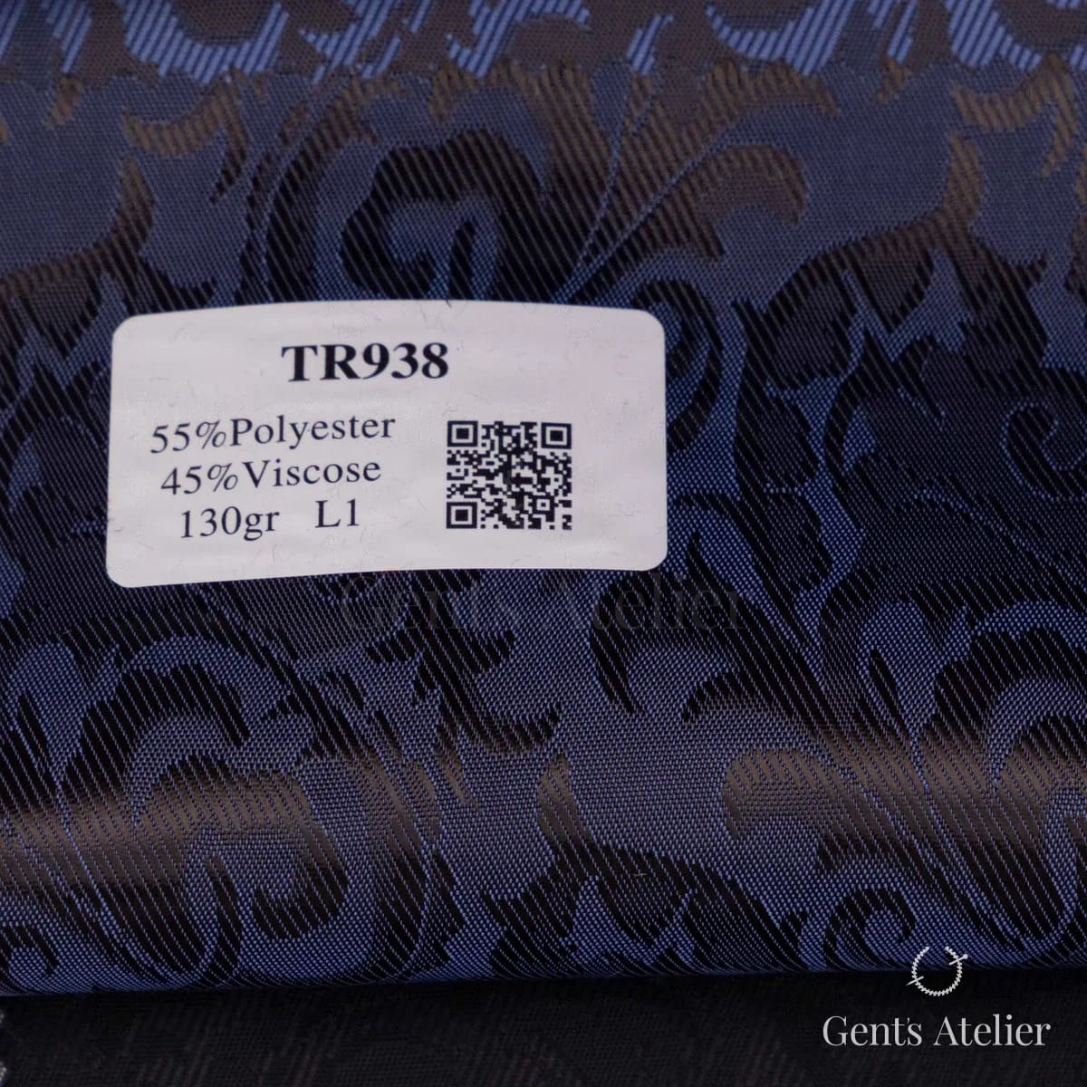 Образец ткани Linings Tone on Tone TR938 с этикеткой, тёмно-синий с васильковым рисунком