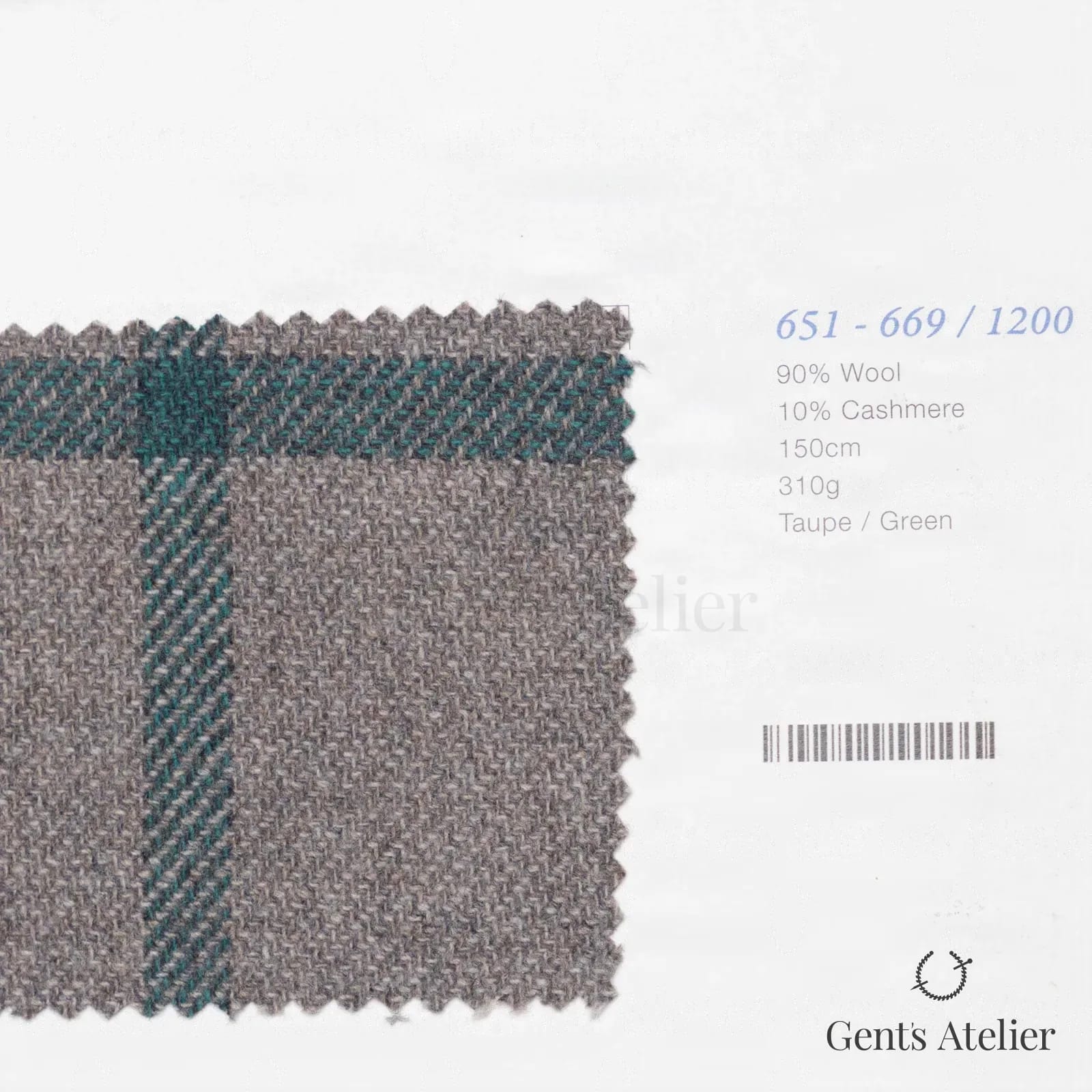 Образец ткани Marzoni 651 - 669 / 1200 с этикеткой — Тауп / Зелёный