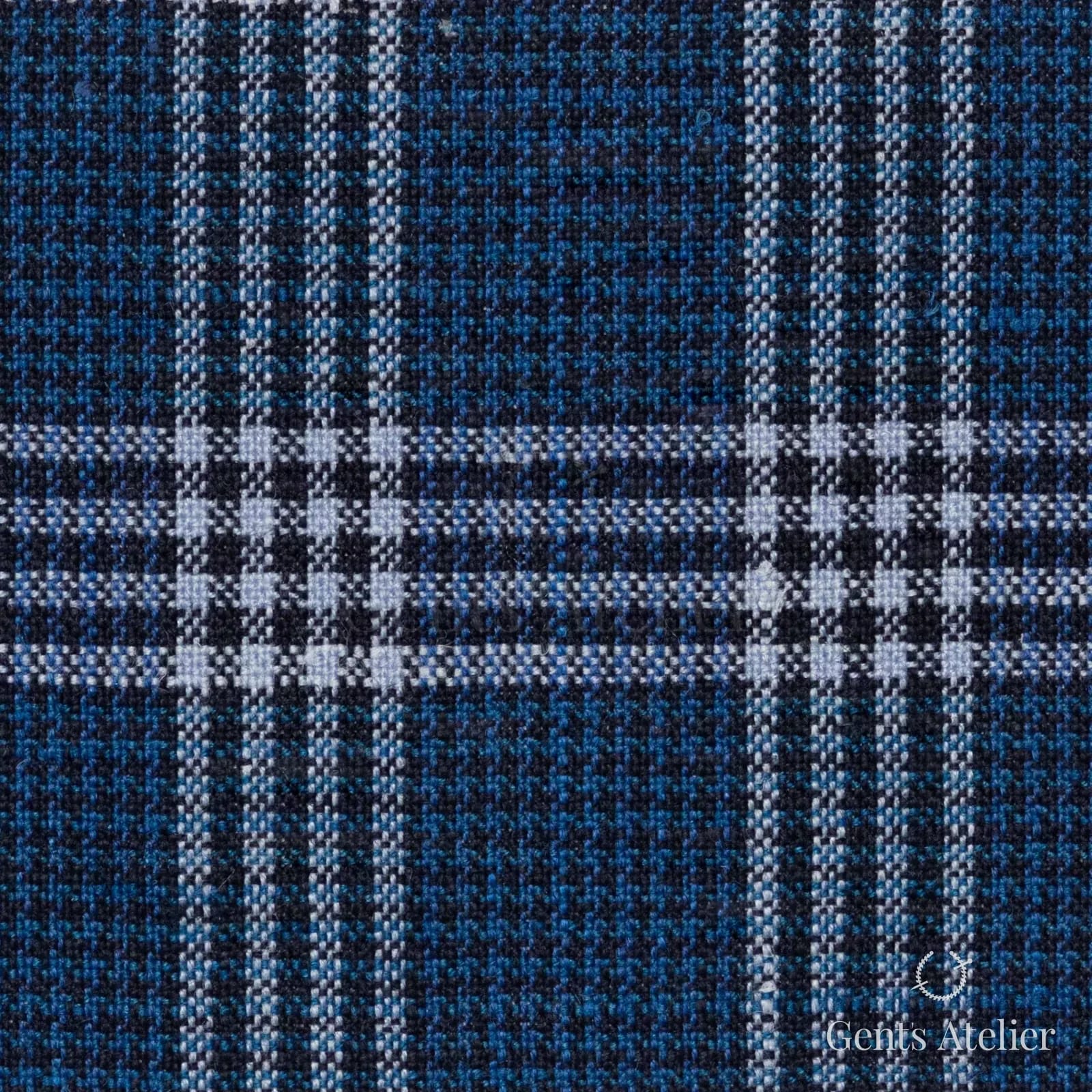 Костюмная ткань Marzoni 655 - 517 / 1200 — Синий / Белый, оконная клетка, 40% шерсть, 35% шёлк, 25% лён
