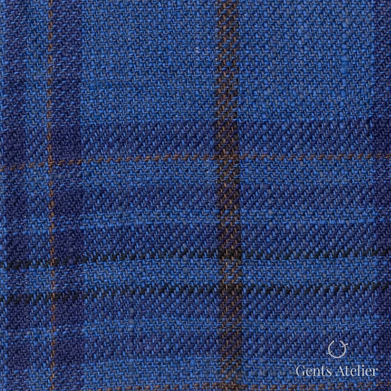Костюмная ткань Marzoni 605 - 800 / 800 — Синий / Tan, оконная клетка, 100% лён