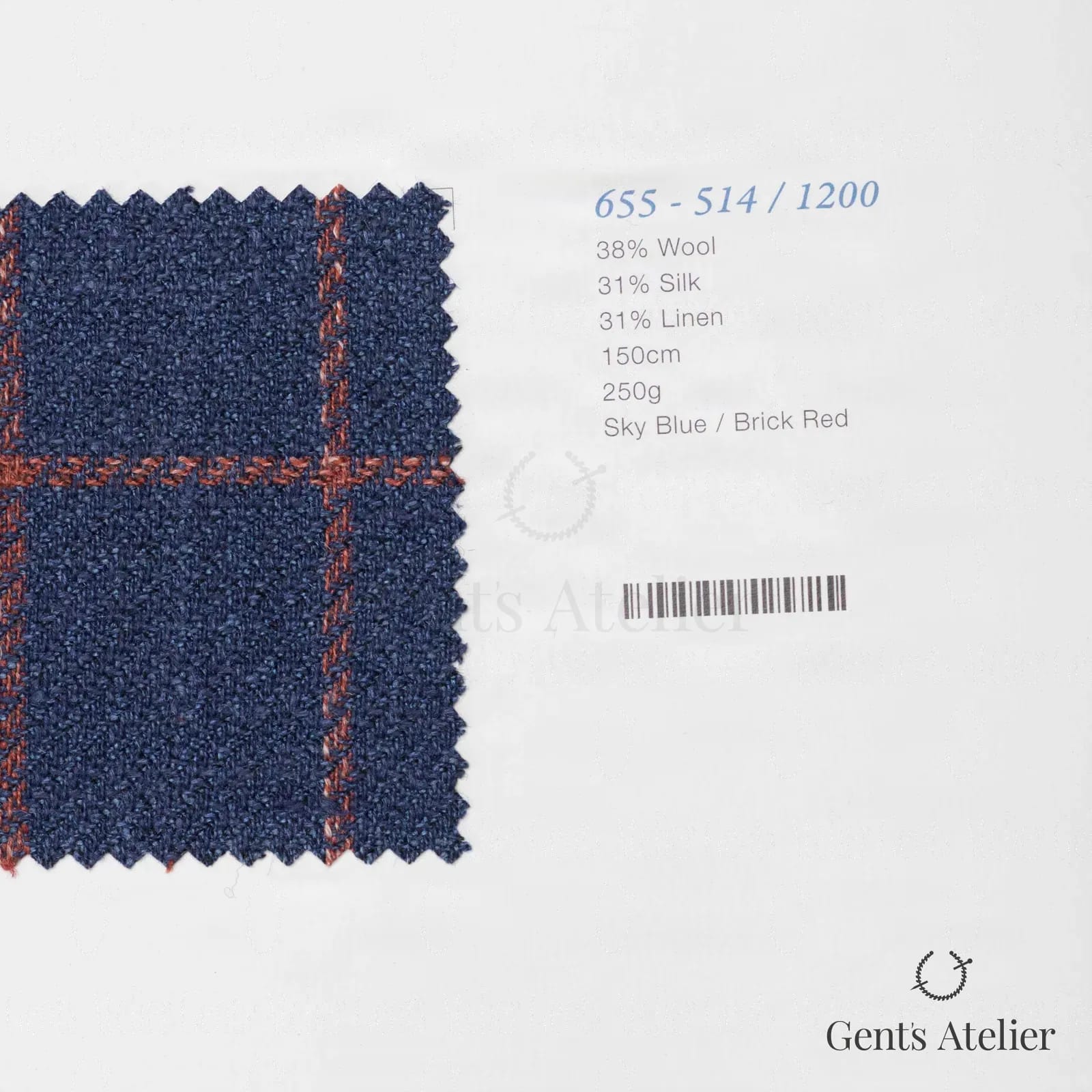Образец ткани Marzoni 655 - 514 / 1200 с этикеткой — Sky Blue / Brick Red