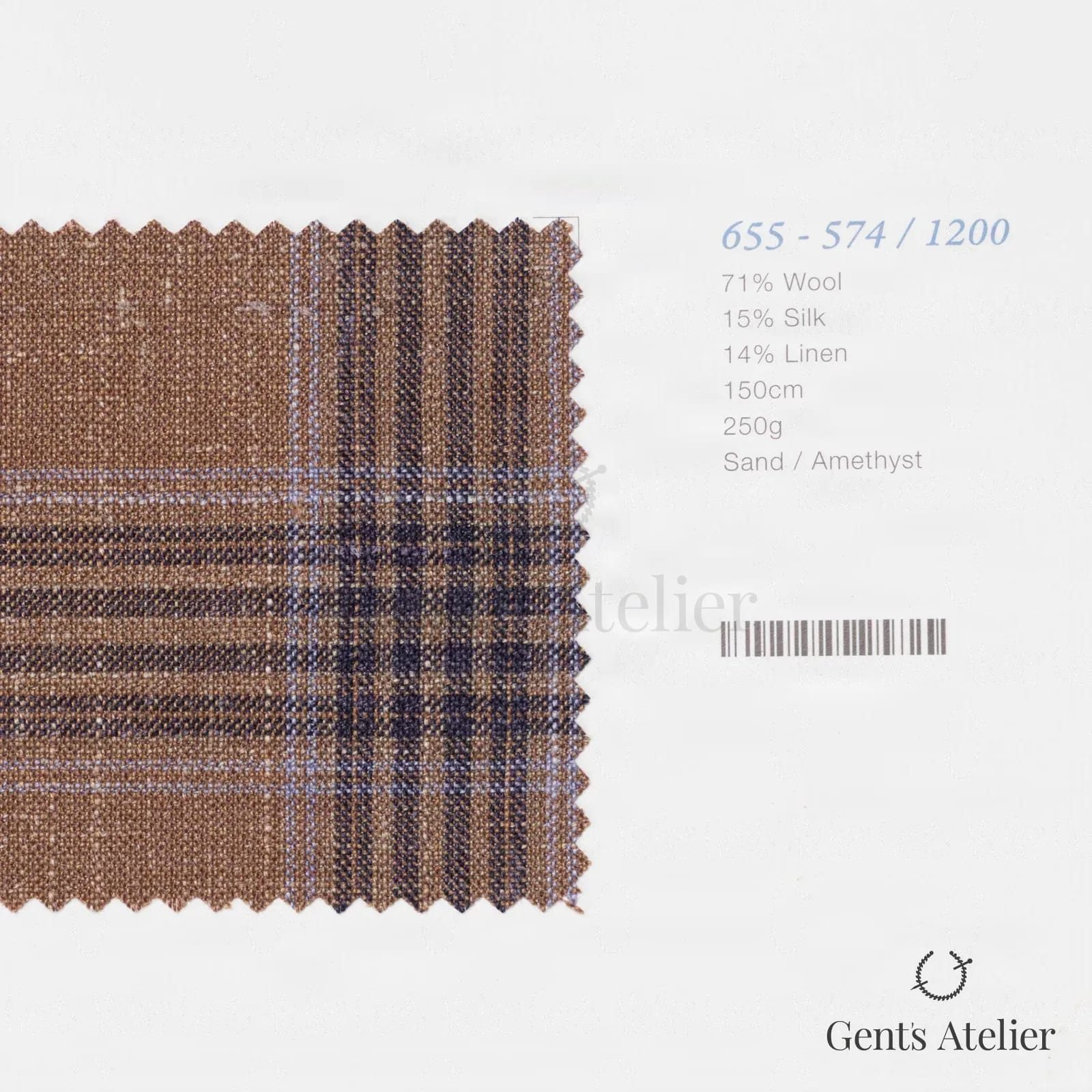 Образец ткани Marzoni 655 - 574 / 1200 с этикеткой — Sand / Amethyst