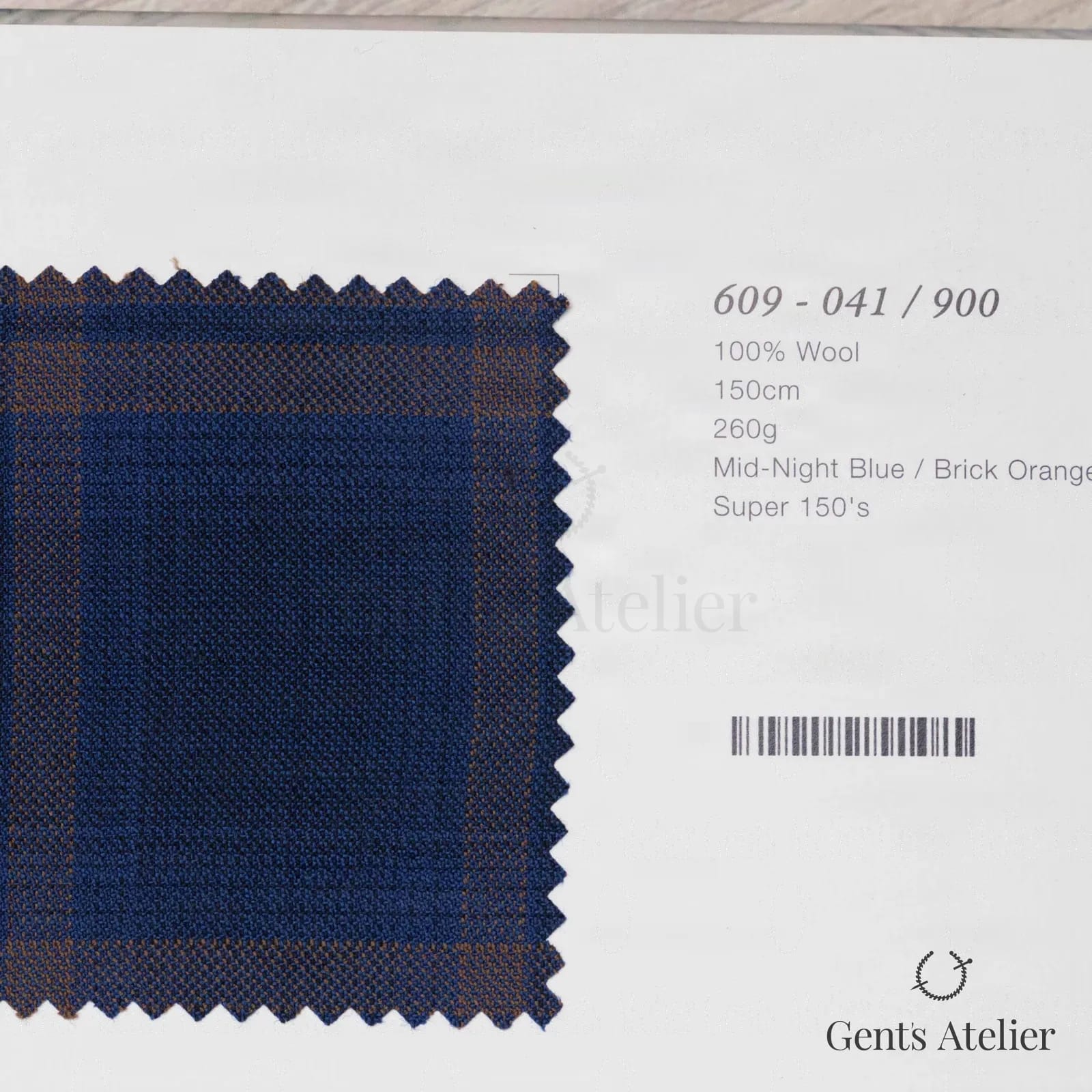 Образец ткани Marzoni 609 - 041 / 900 с этикеткой — Mid-Night Blue / Brick Orange