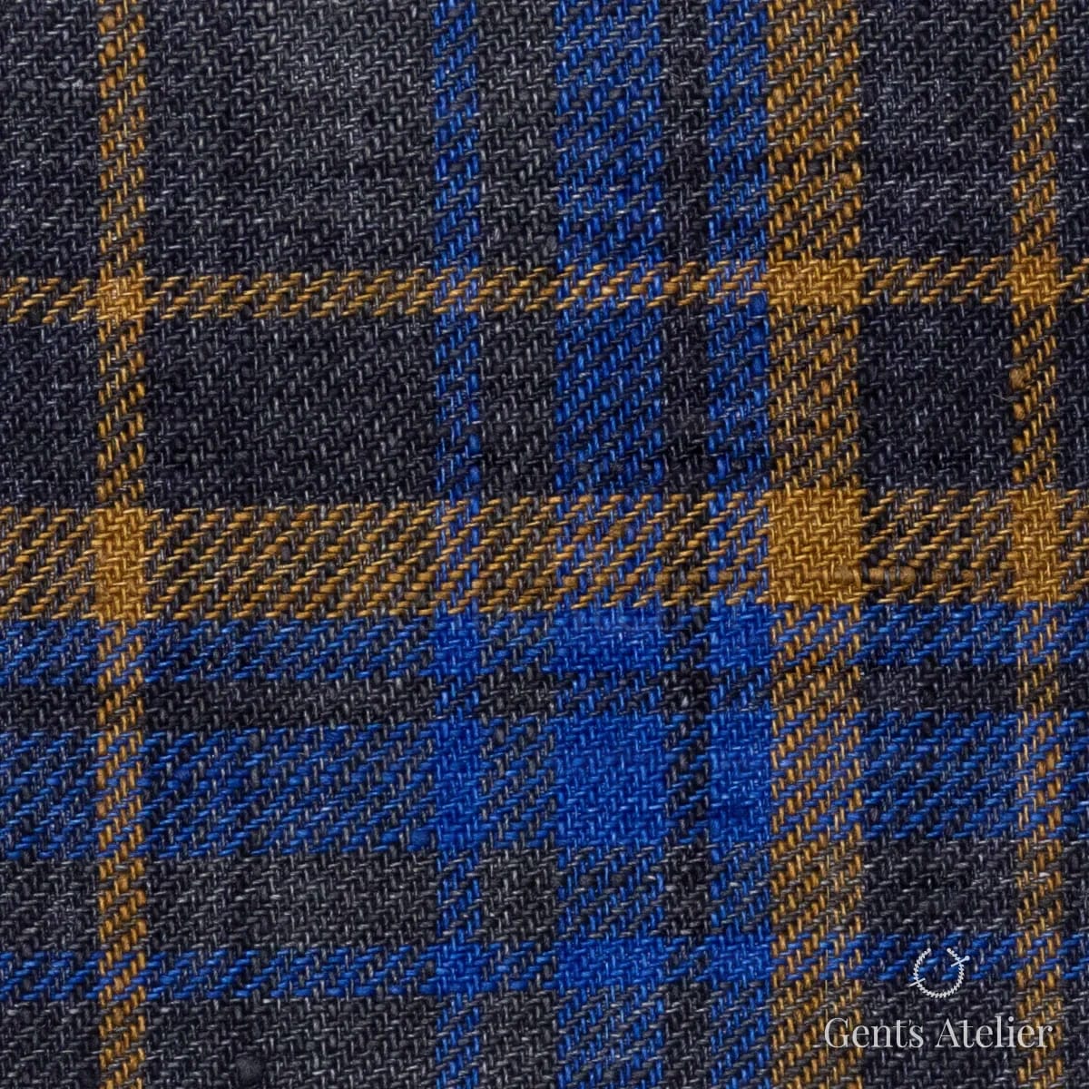 Костюмная ткань Marzoni 605 - 782 / 800 — Синий / Охра, в клетку, 100% Linen