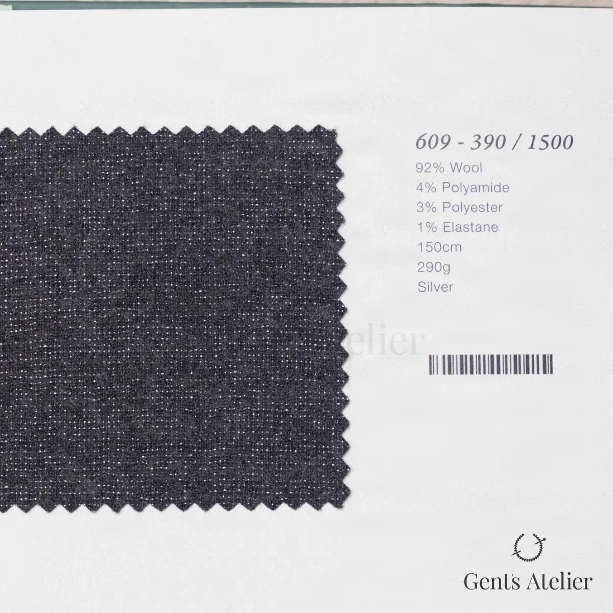 Образец ткани Marzoni 609 - 390 / 1500 с этикеткой — Серебристый