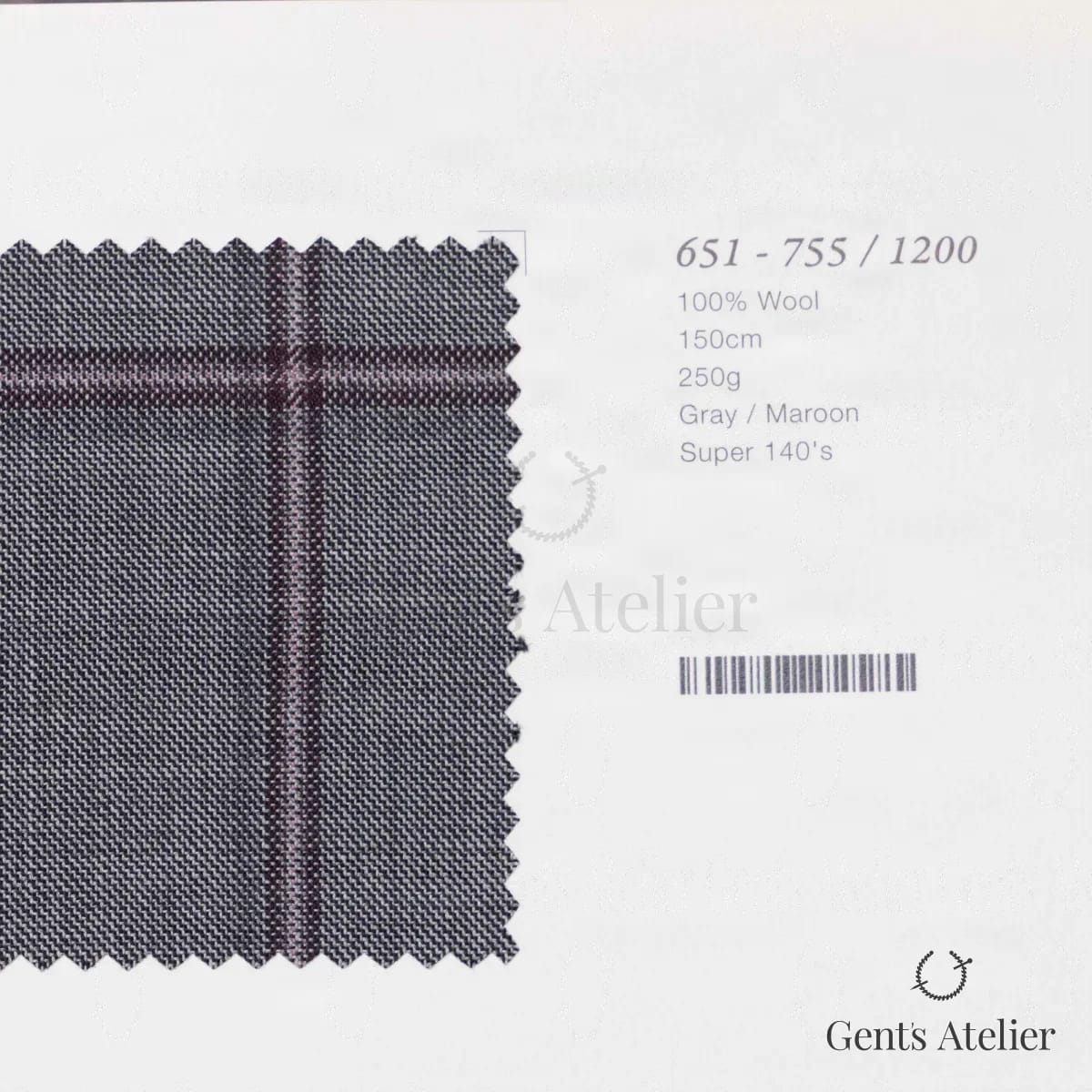 Образец ткани Marzoni 651 - 755 / 1200 с этикеткой — Серый / Бордовый