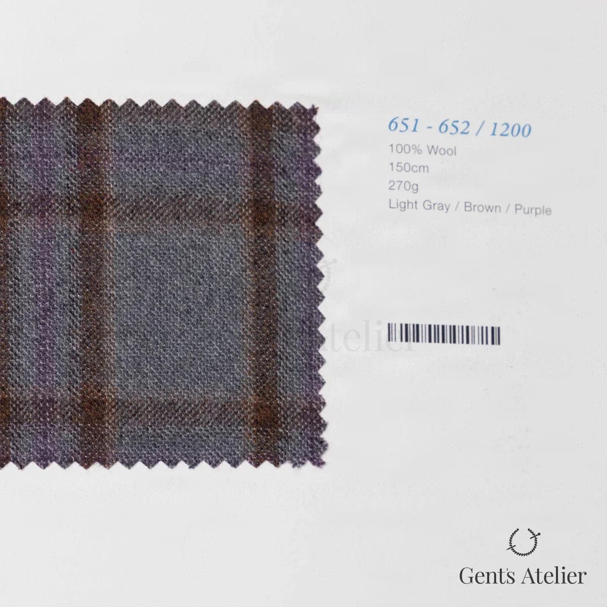 Образец ткани Marzoni 651 - 652 / 1200 с этикеткой — Светло-серый / Коричневый / Фиолетовый