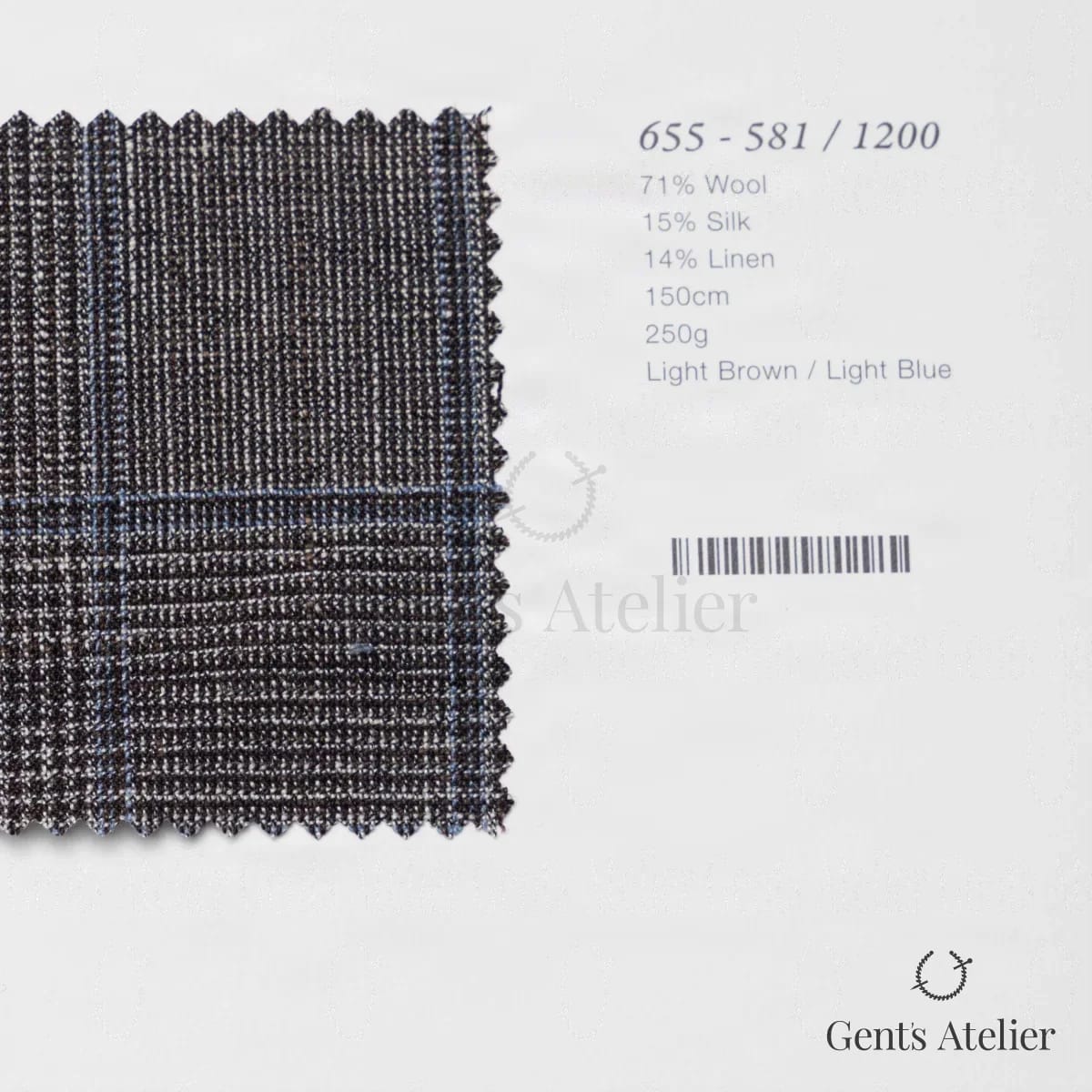 Образец ткани Marzoni 655 - 581 / 1200 с этикеткой — Светло-коричневый / Светло-голубой