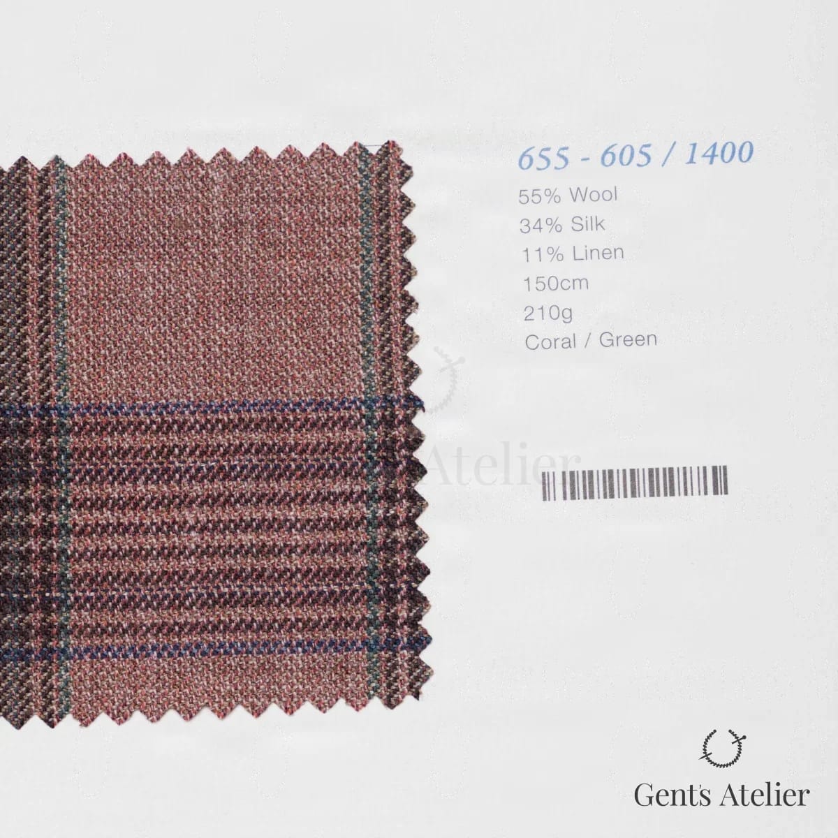 Образец ткани Marzoni 655 - 605 / 1400 с этикеткой — Коралловый / Зелёный