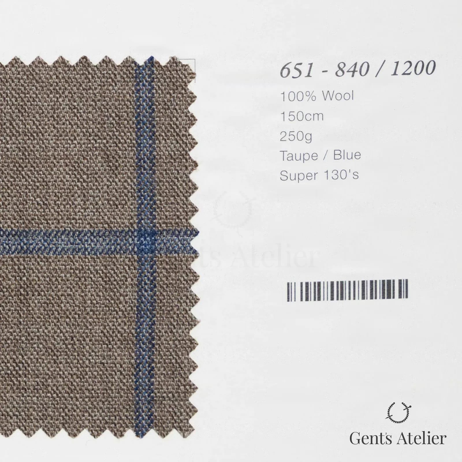 Образец ткани Marzoni 651 - 840 / 1200 с этикеткой — Тауп / Синий