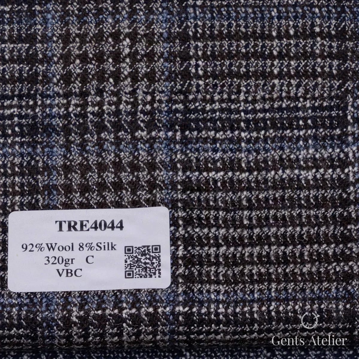 Образец ткани RB40 TRE4044 с этикеткой, тёмно-коричневый глен-чек с голубой линией
