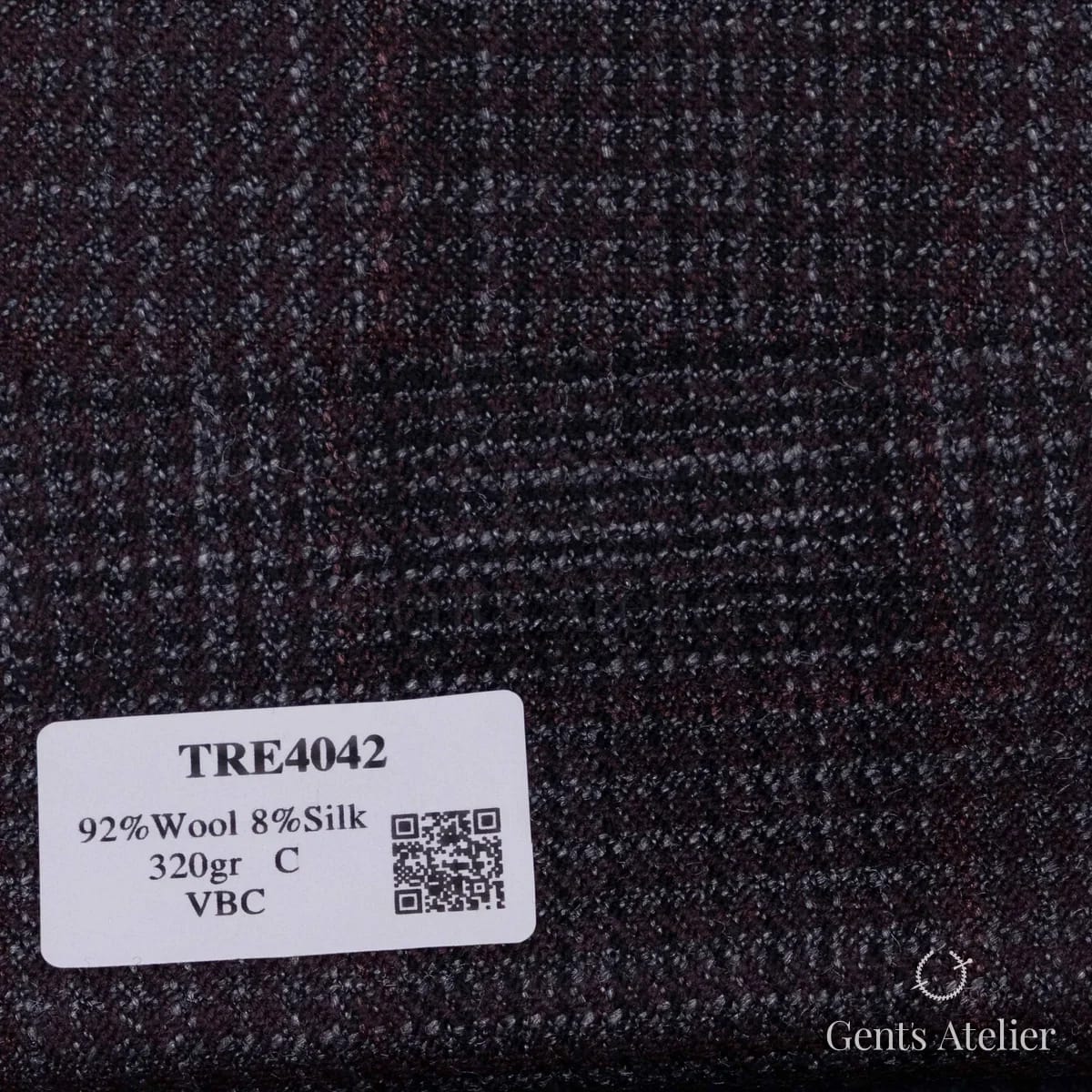 Образец ткани RB40 TRE4042 с этикеткой, тёмно-серый глен-чек со сливово-розовой нитью