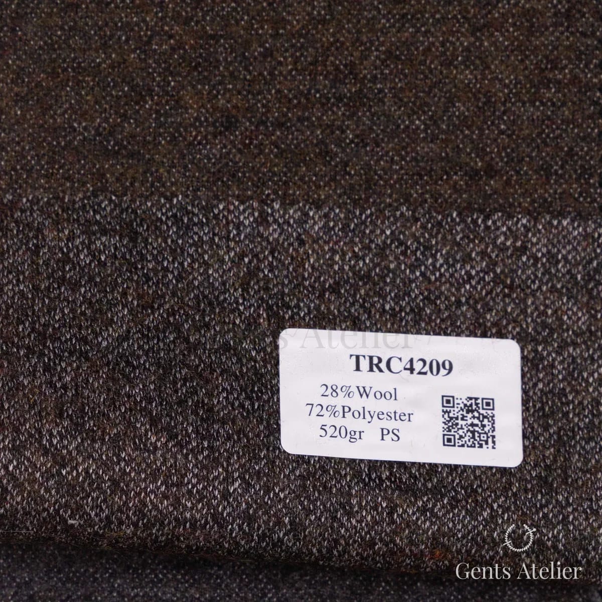 Образец ткани Soft Coats and Knits TRC4209 с этикеткой, тёмно-коричневый меланж с оливковыми и белыми крапинами