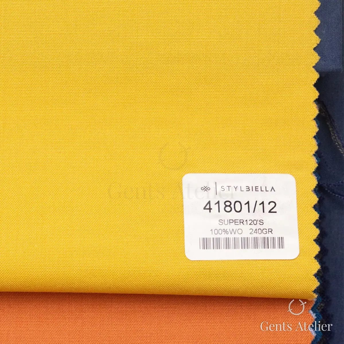 Образец ткани Stylbiella 41801/12 с этикеткой, жёлтый
