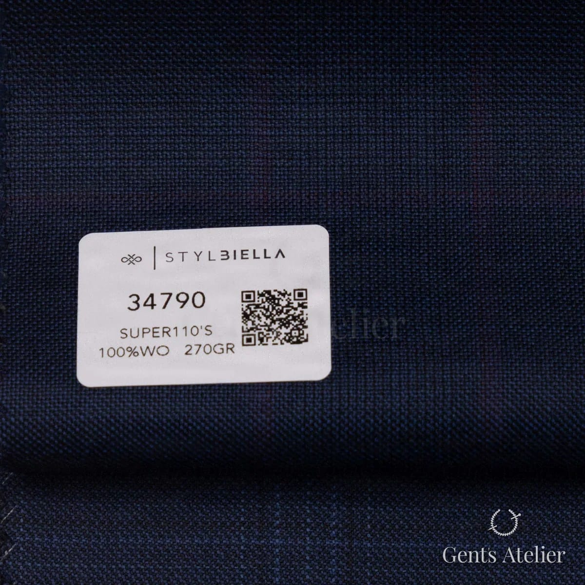 Образец ткани Stylbiella 34790 с этикеткой, тёмно-синий