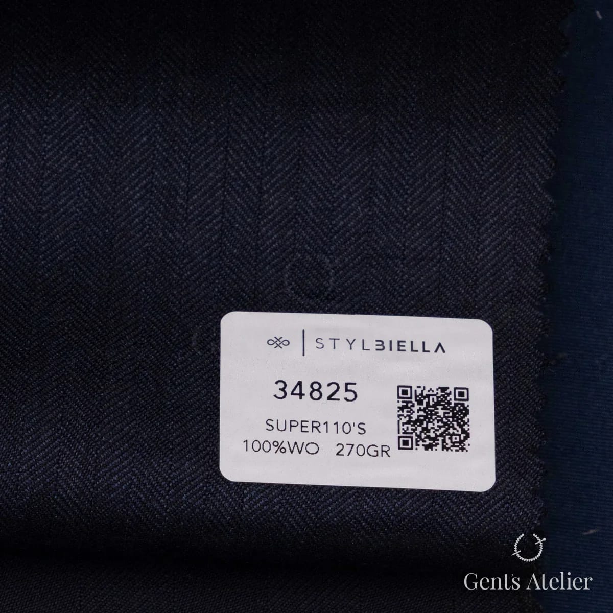 Образец ткани Stylbiella 34825 с этикеткой, тёмно-синий меланж в ёлочку