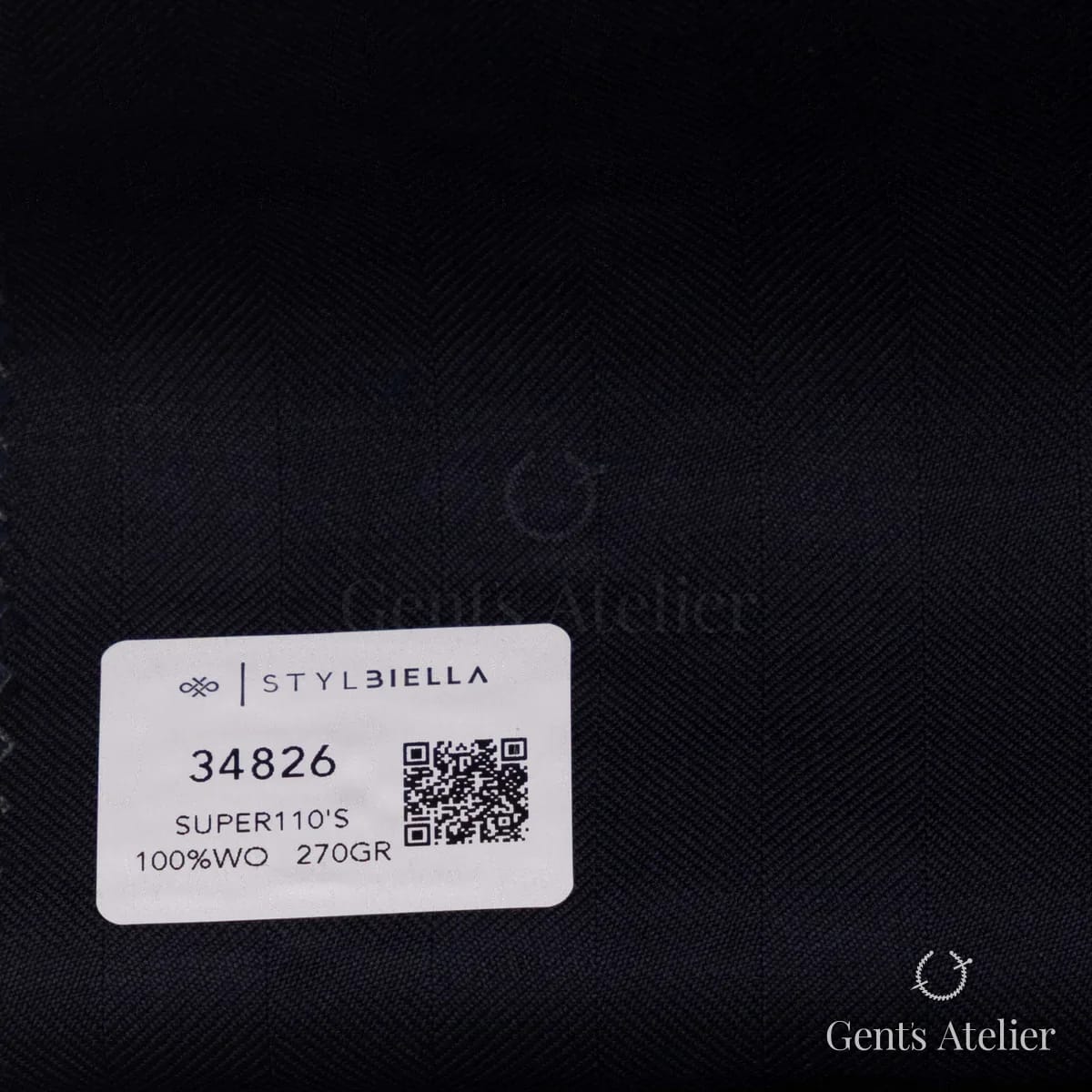 Образец ткани Stylbiella 34826 с этикеткой, тёмно-синий меланж в ёлочку