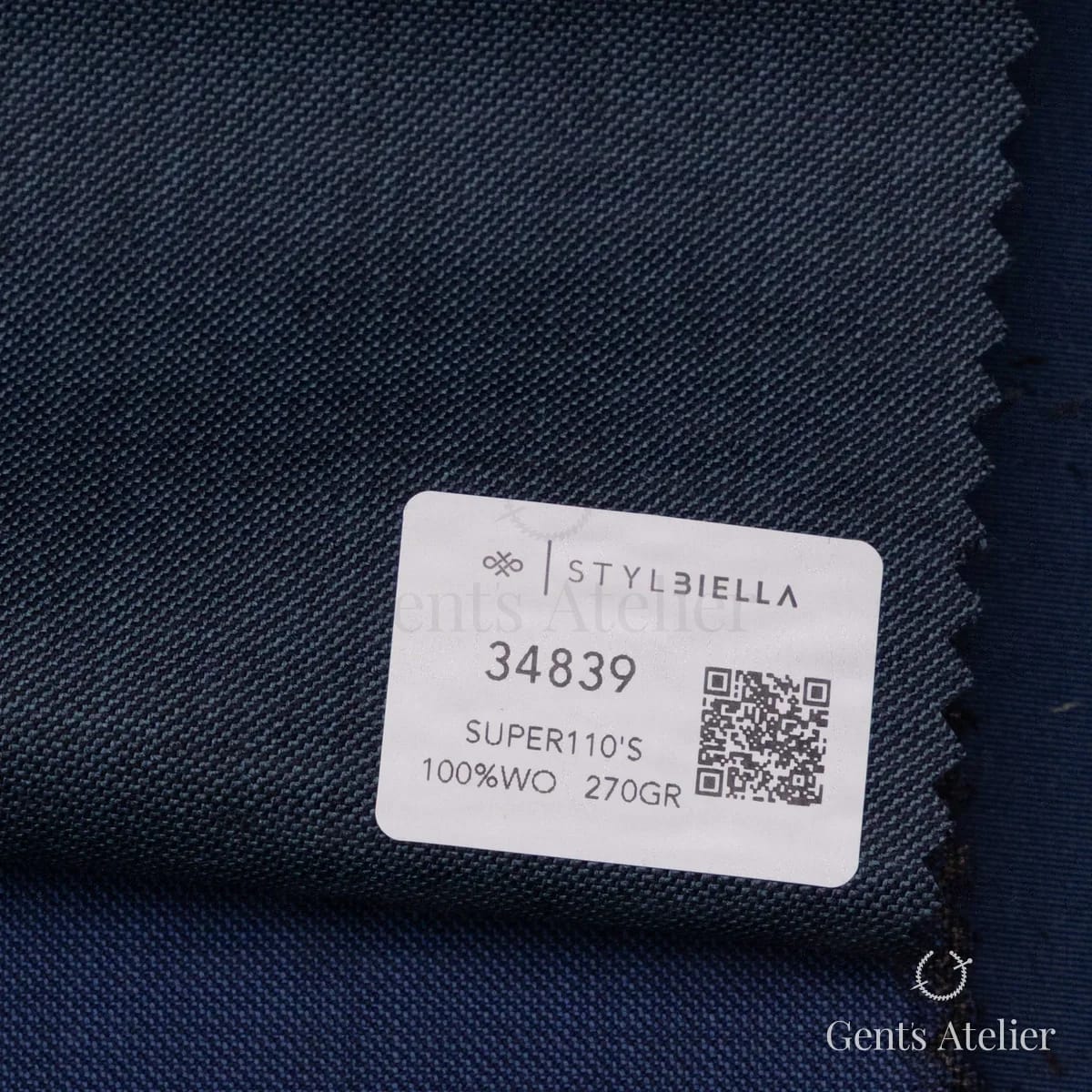 Образец ткани Stylbiella 34839 с этикеткой, тёмно-синий меланж