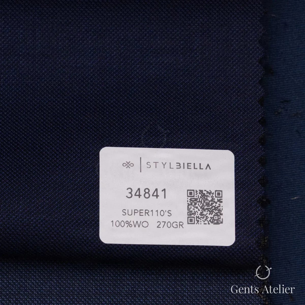 Образец ткани Stylbiella 34841 с этикеткой, тёмно-синий меланж