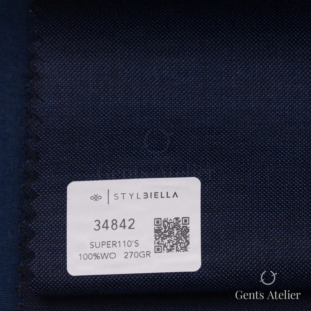 Образец ткани Stylbiella 34842 с этикеткой, тёмно-синий меланж