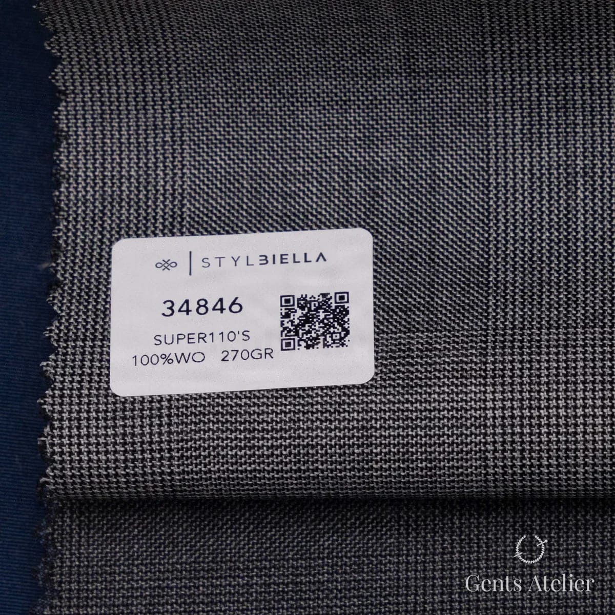 Образец ткани Stylbiella 34846 с этикеткой, серый твил с тонким диагональным рубчиком