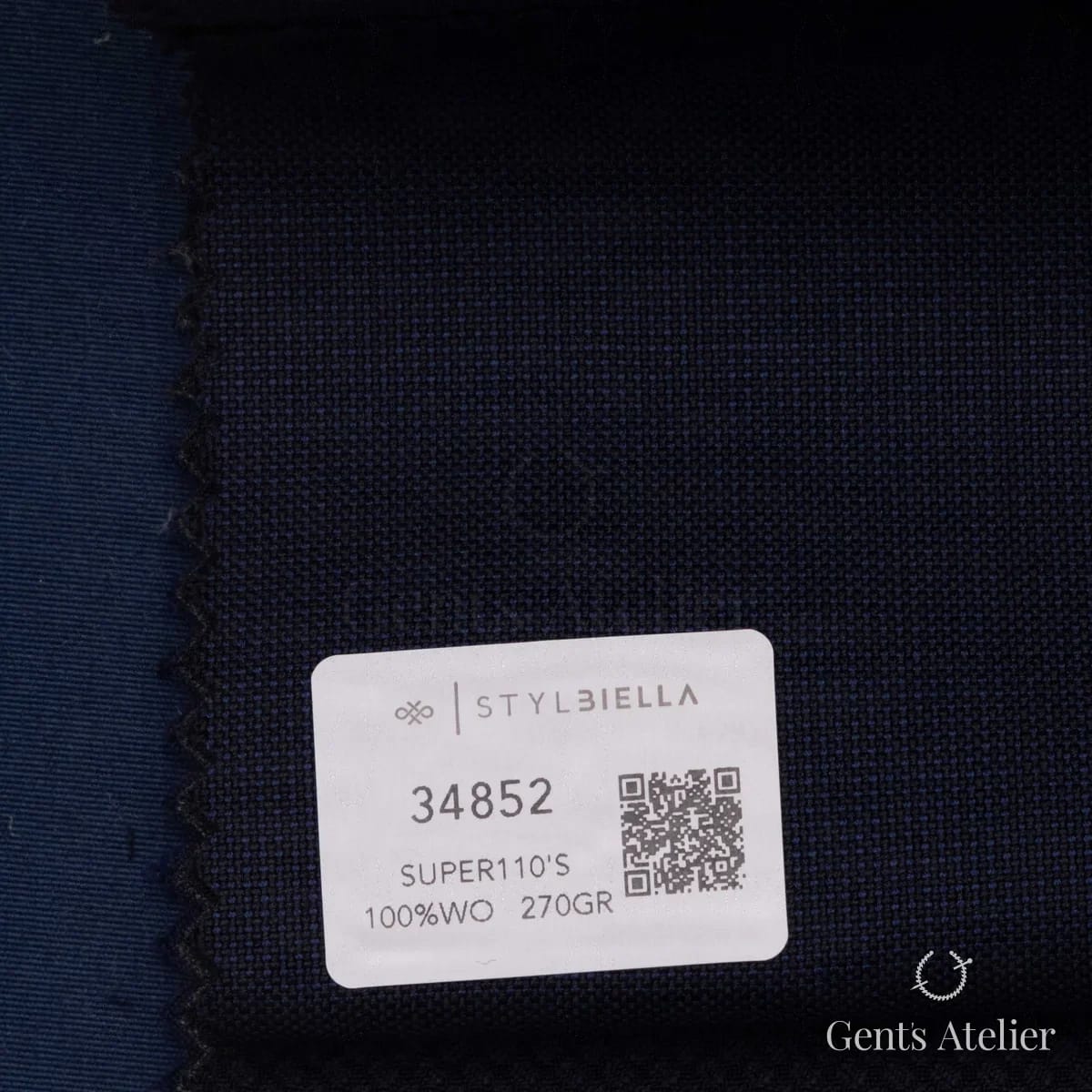 Образец ткани Stylbiella 34852 с этикеткой, тёмно-синий