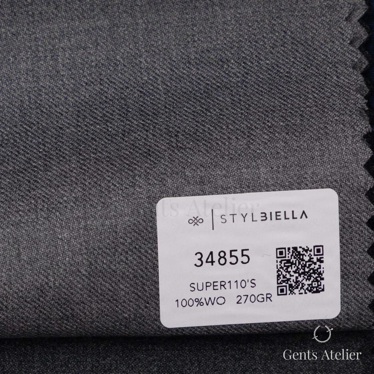 Образец ткани Stylbiella 34855 с этикеткой, серый меланж с эффектом твила