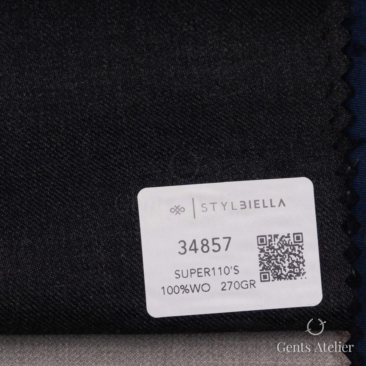 Образец ткани Stylbiella 34857 с этикеткой, угольно-чёрный меланж