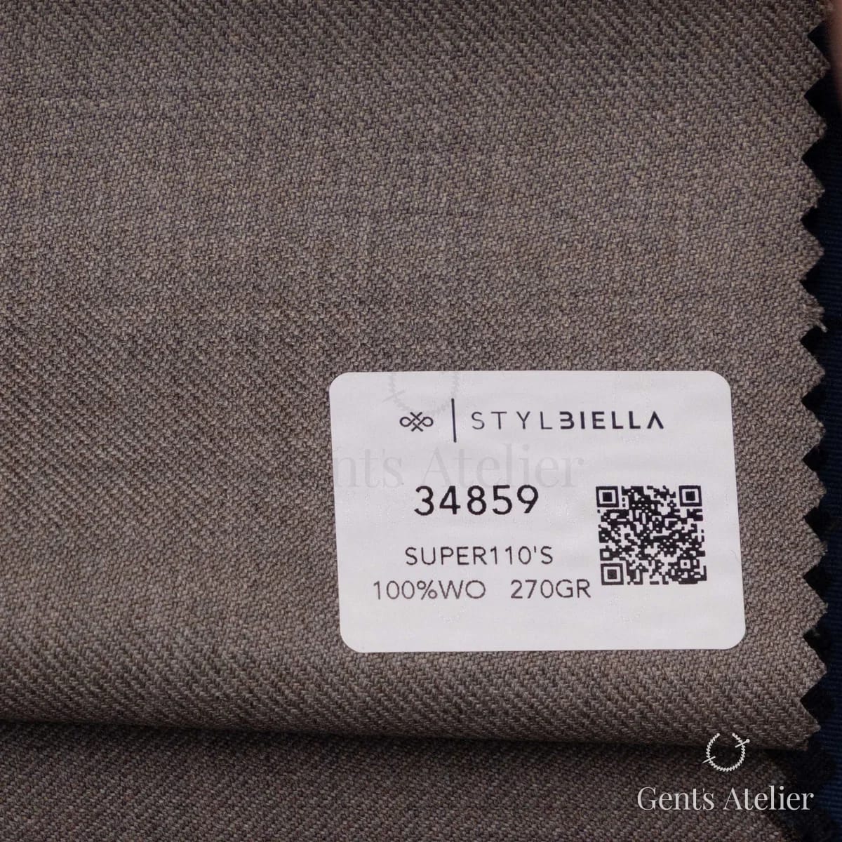 Образец ткани Stylbiella 34859 с этикеткой, серо-коричневый меланж