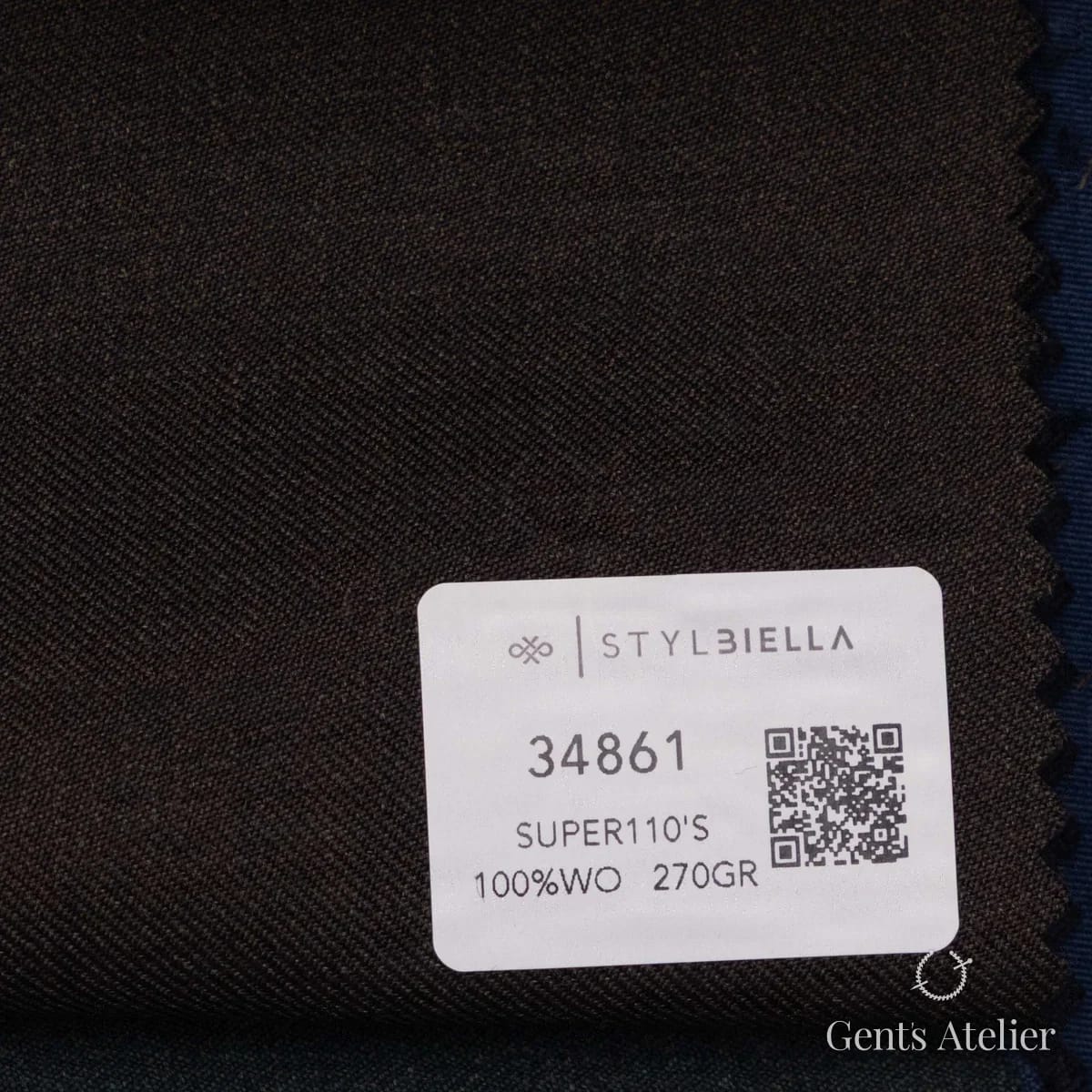 Образец ткани Stylbiella 34861 с этикеткой, тёмно-шоколадный, почти чёрный