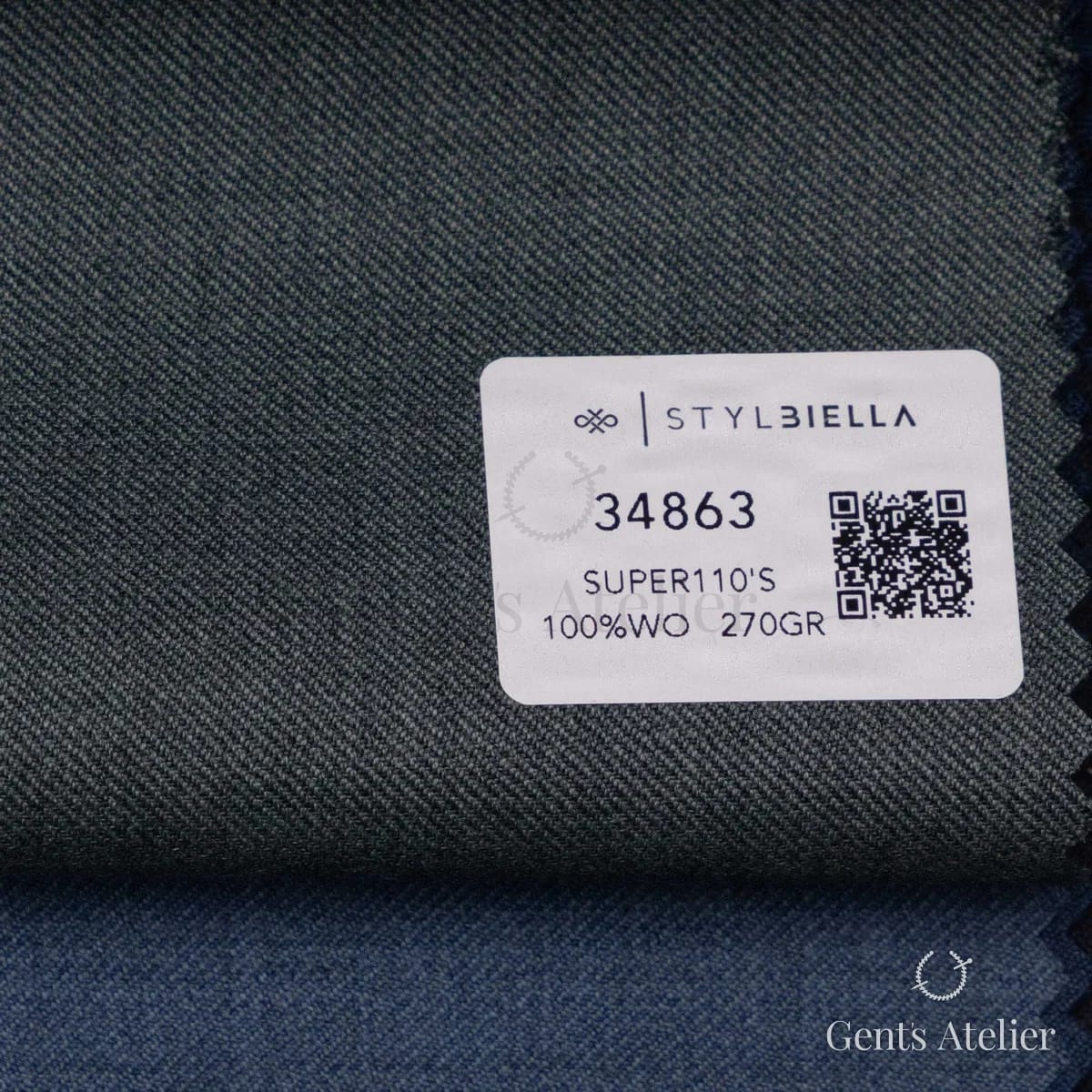 Образец ткани Stylbiella 34863 с этикеткой, серо-зелёный (лоден)