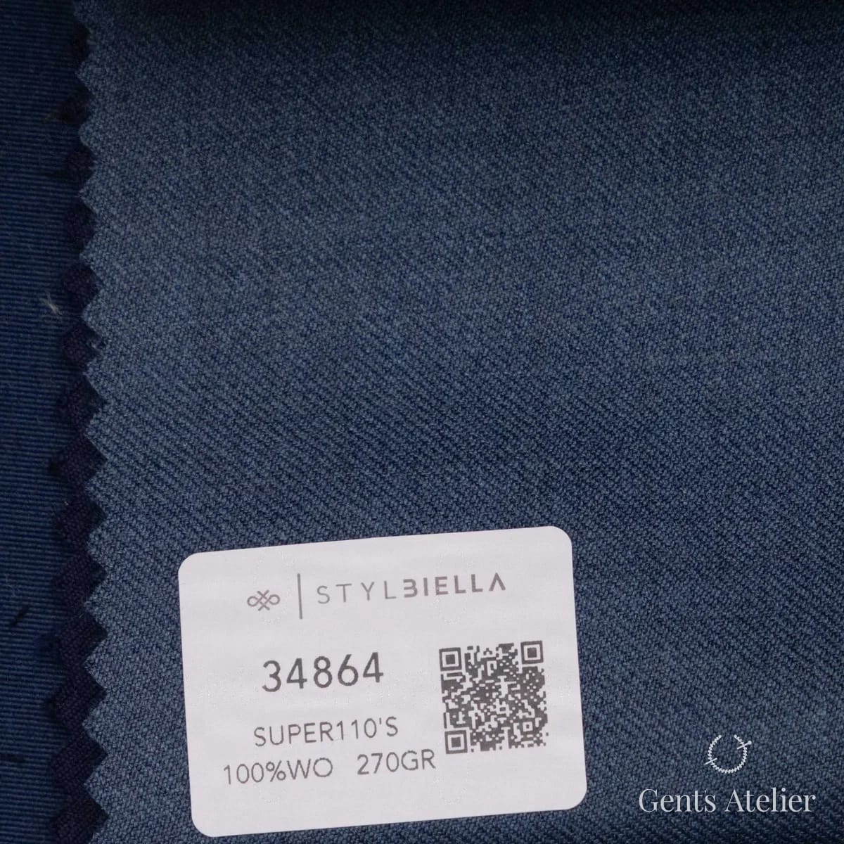 Образец ткани Stylbiella 34864 с этикеткой, синий стальной