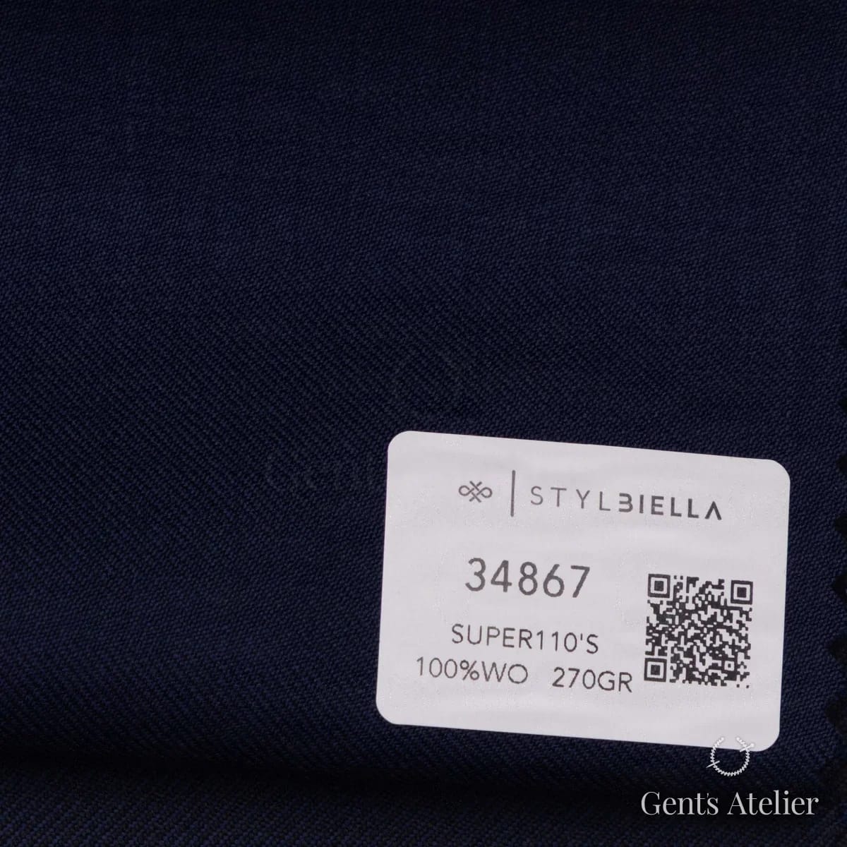 Образец ткани Stylbiella 34867 с этикеткой, тёмно-синий однотонный