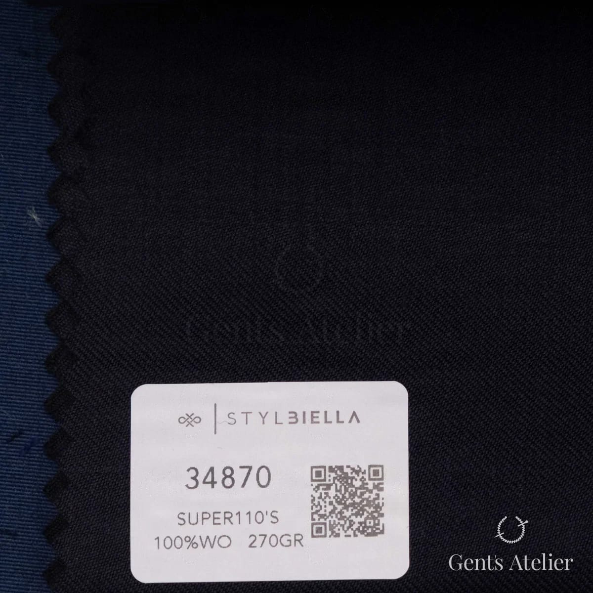 Образец ткани Stylbiella 34870 с этикеткой, тёмно-синий однотонный